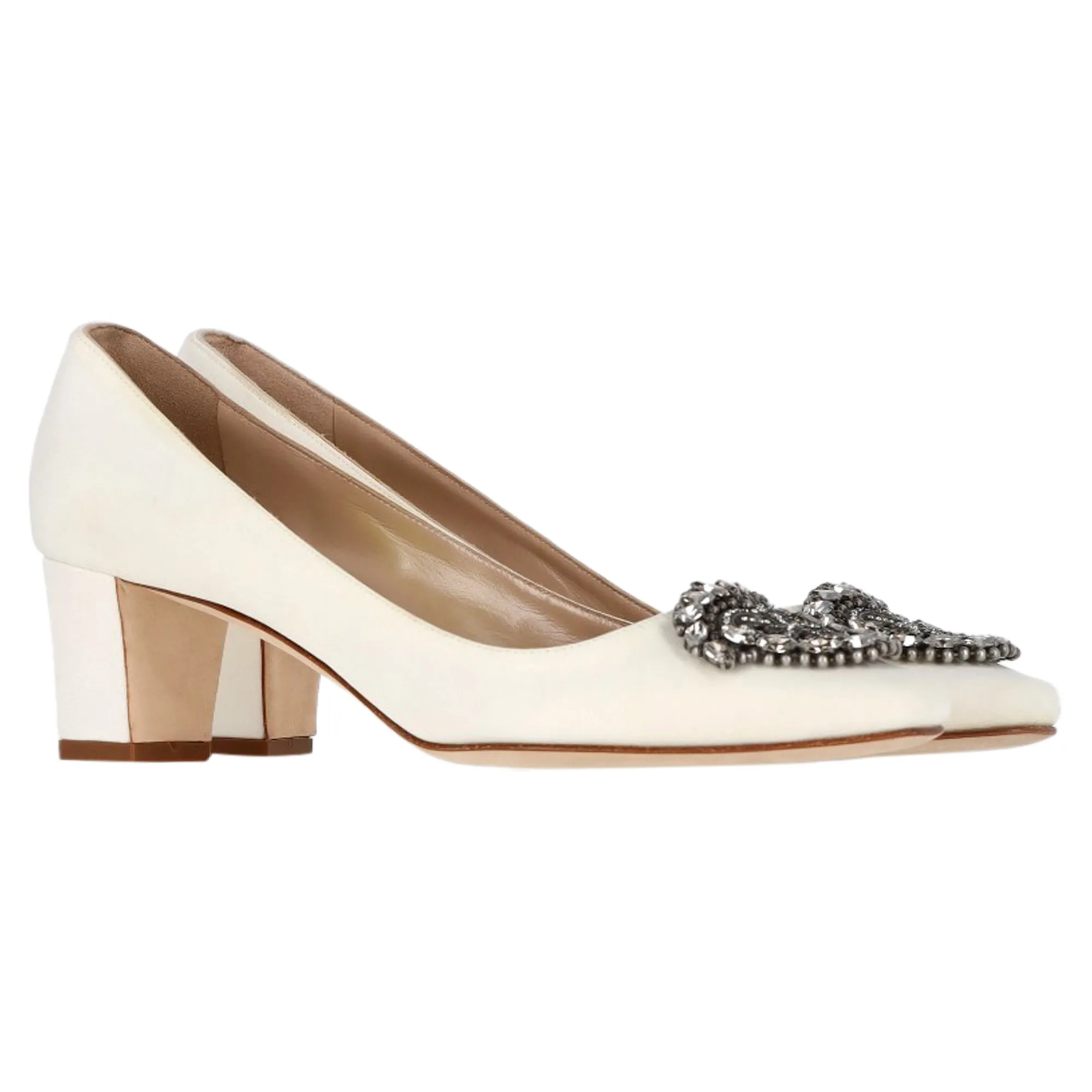 Manolo Blahnik Okkava Embellished Block-Heeled Pumps in White Satin