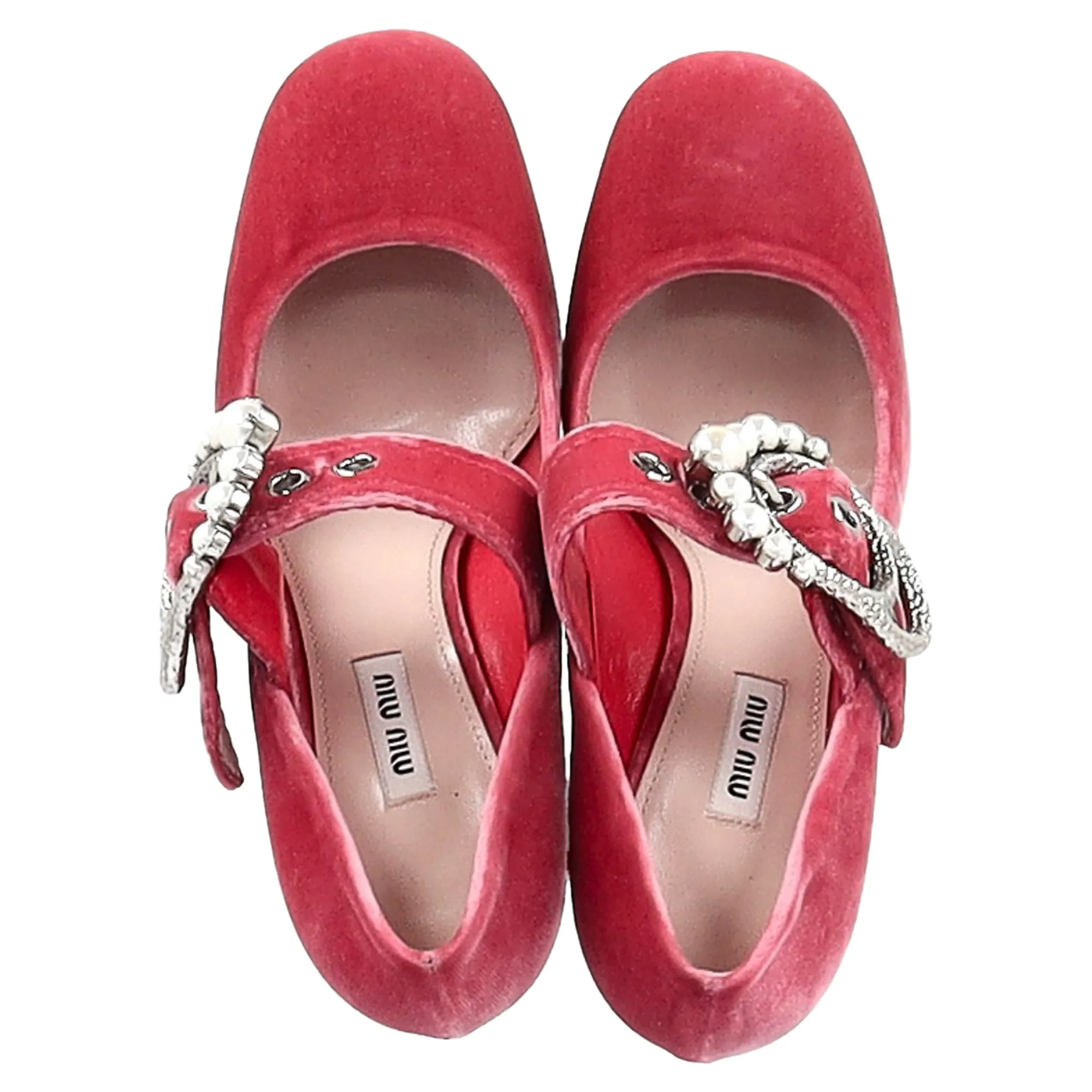 Miu Miu Embellished Buckle Mary Jane Pumps in Red Velvet