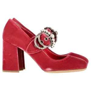Miu Miu Embellished Buckle Mary Jane Pumps in Red Velvet