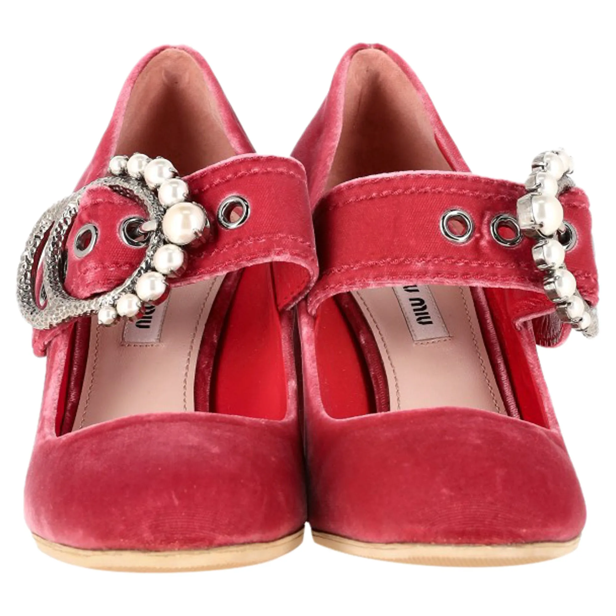 Miu Miu Embellished Buckle Mary Jane Pumps in Red Velvet