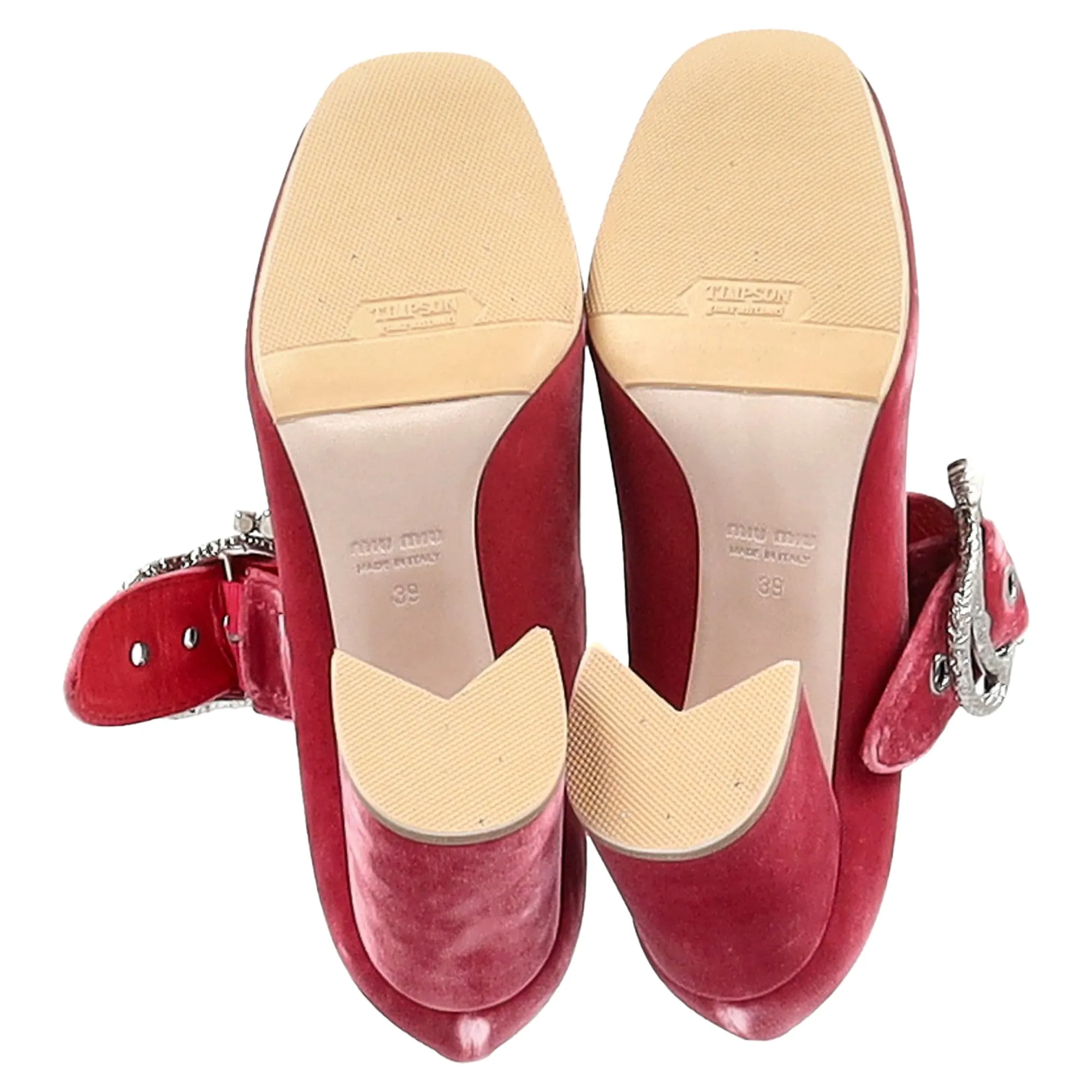 Miu Miu Embellished Buckle Mary Jane Pumps in Red Velvet