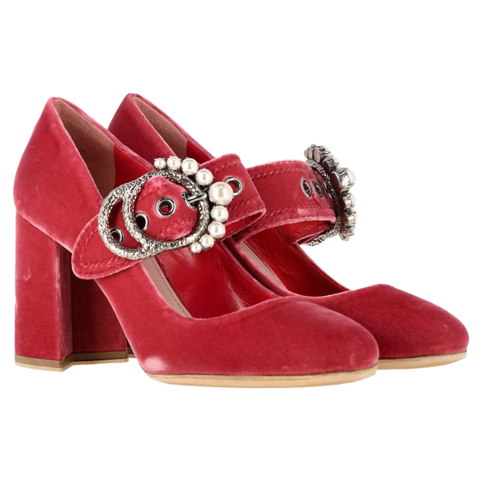 Miu Miu Embellished Buckle Mary Jane Pumps in Red Velvet