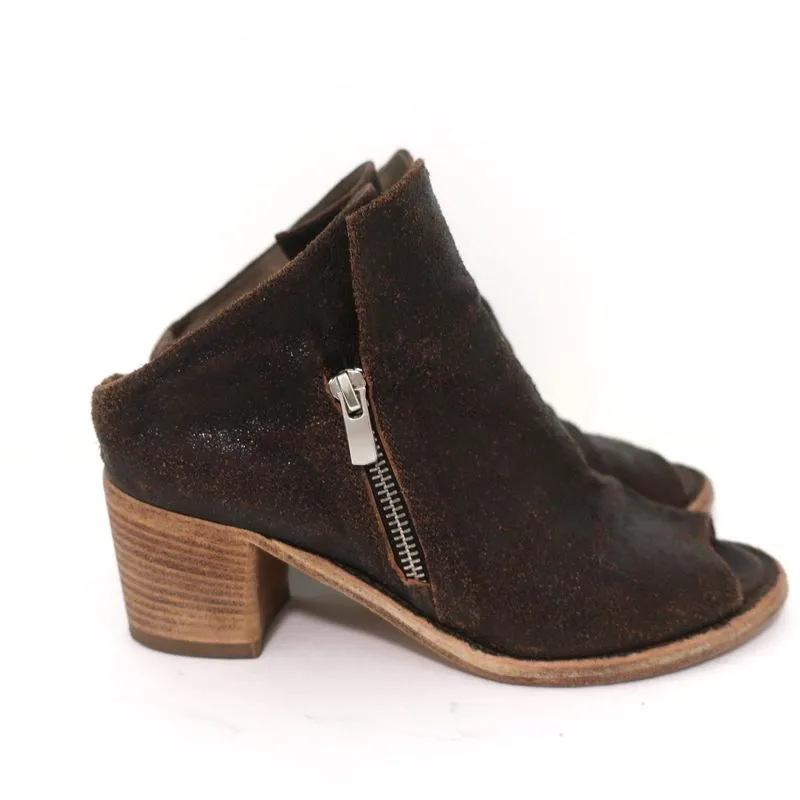 Officine Creative Mules Dark Brown Cracked Leather Size 36 Peep Toe Mid-Heel