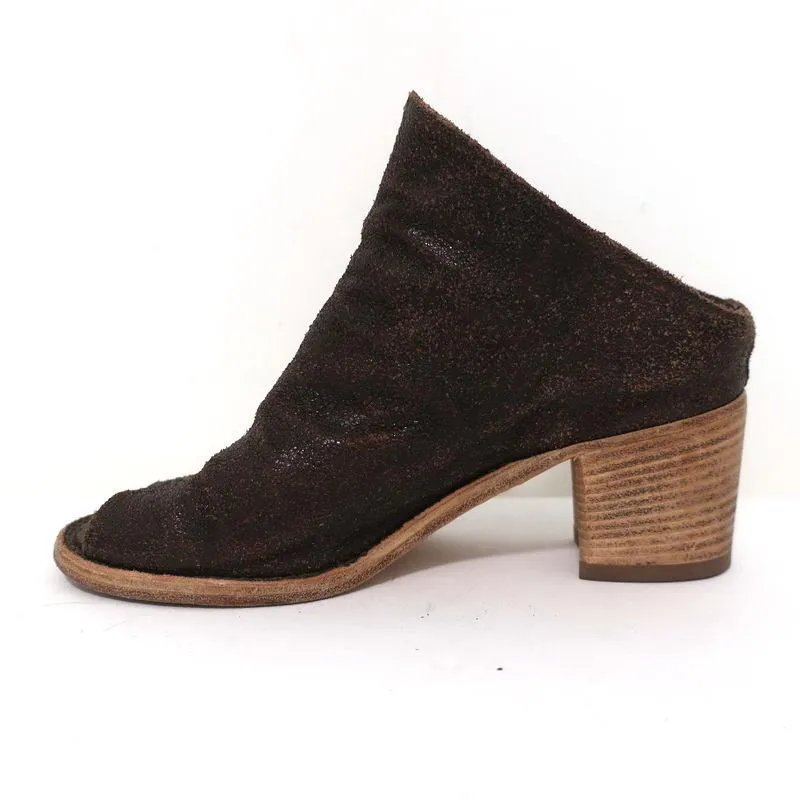 Officine Creative Mules Dark Brown Cracked Leather Size 36 Peep Toe Mid-Heel