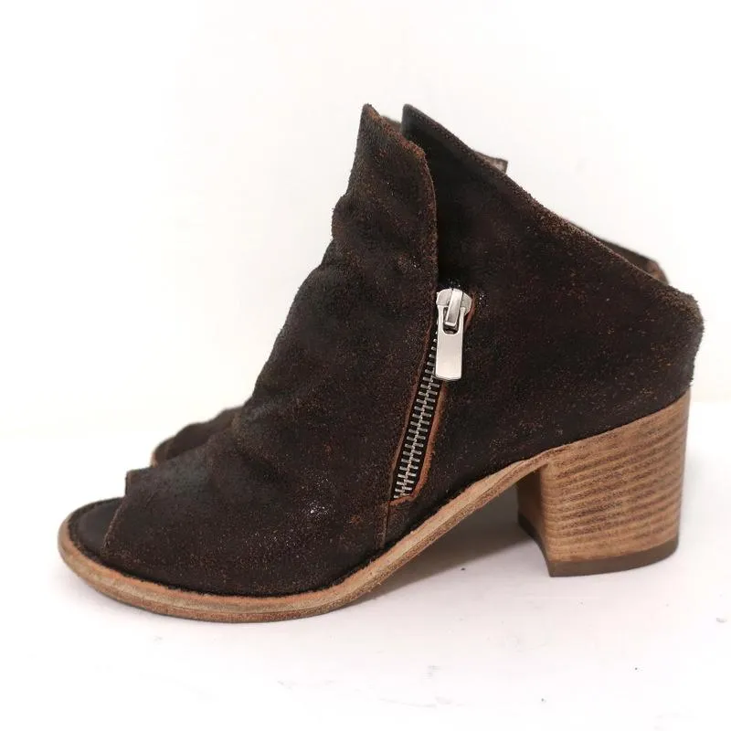 Officine Creative Mules Dark Brown Cracked Leather Size 36 Peep Toe Mid-Heel