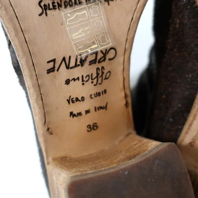 Officine Creative Mules Dark Brown Cracked Leather Size 36 Peep Toe Mid-Heel