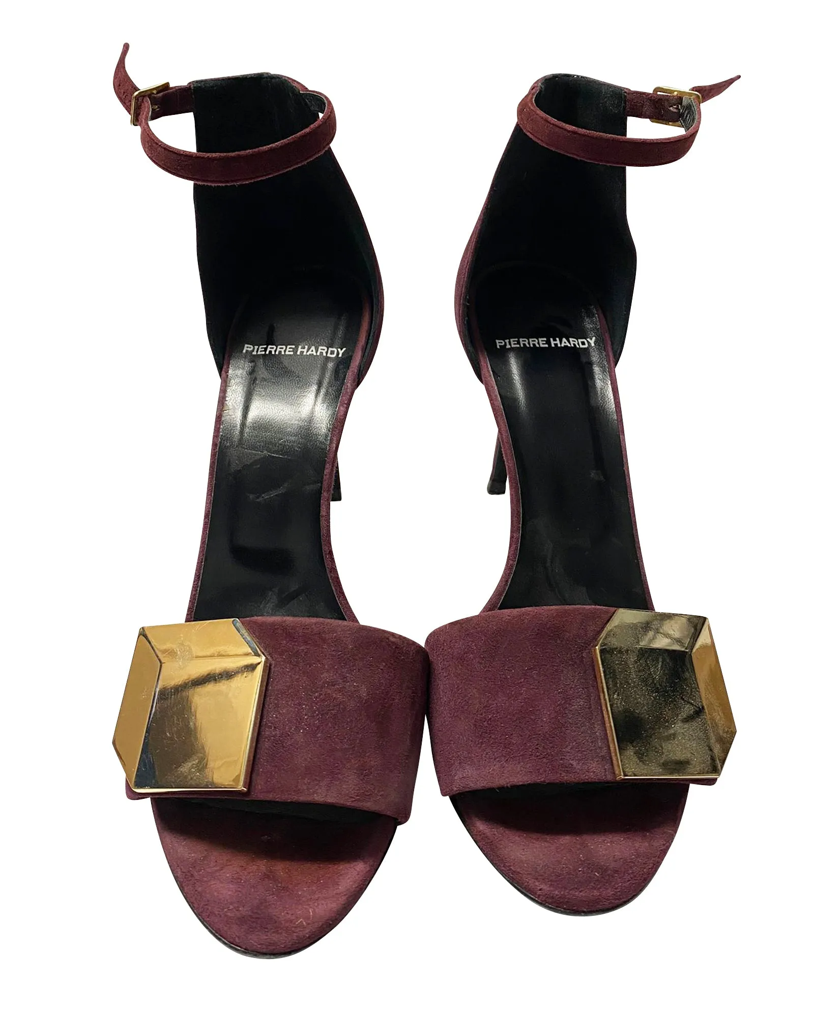 Pierre Hardy 3D Cube Ankle Strap Heels in Burgundy Suede