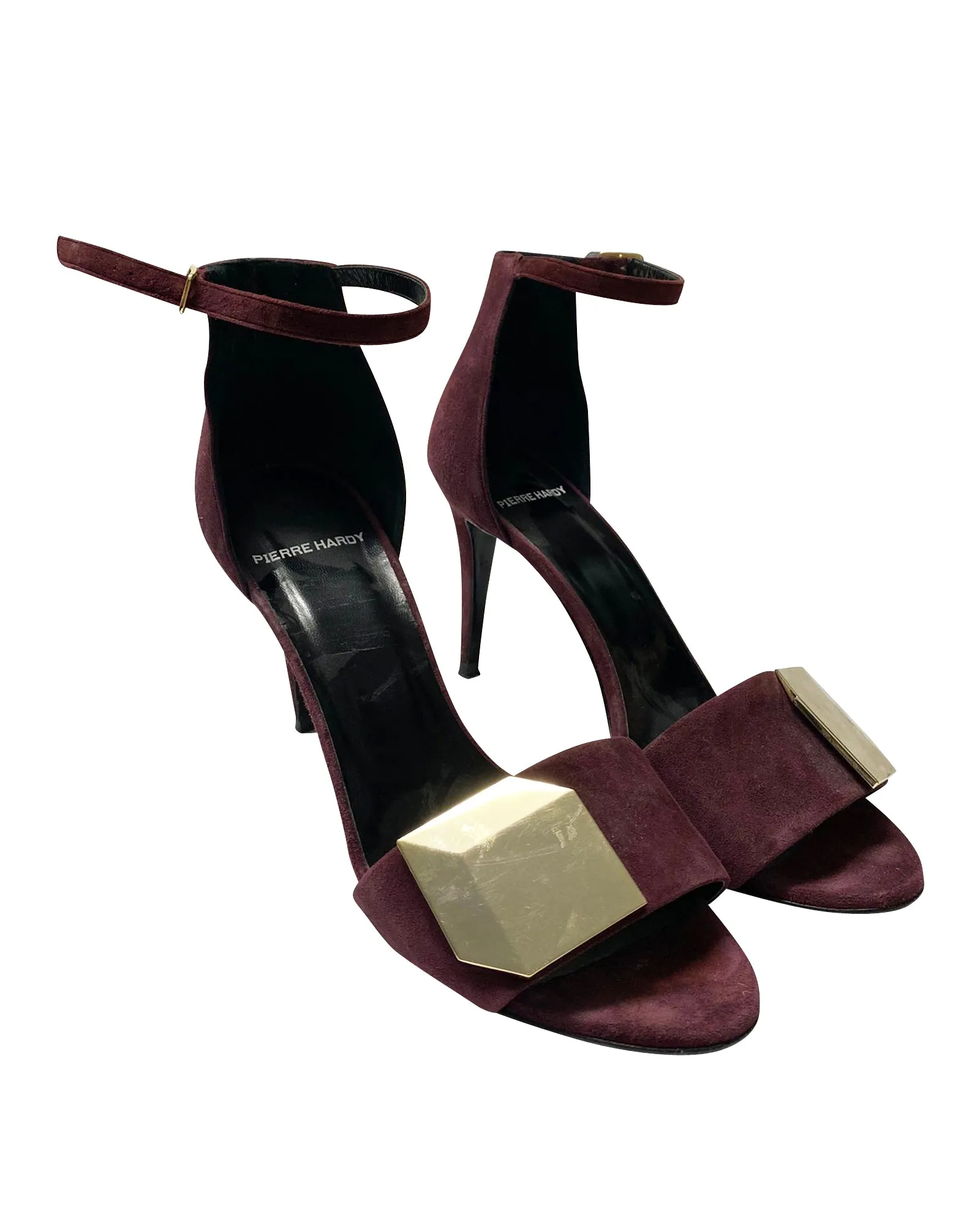 Pierre Hardy 3D Cube Ankle Strap Heels in Burgundy Suede