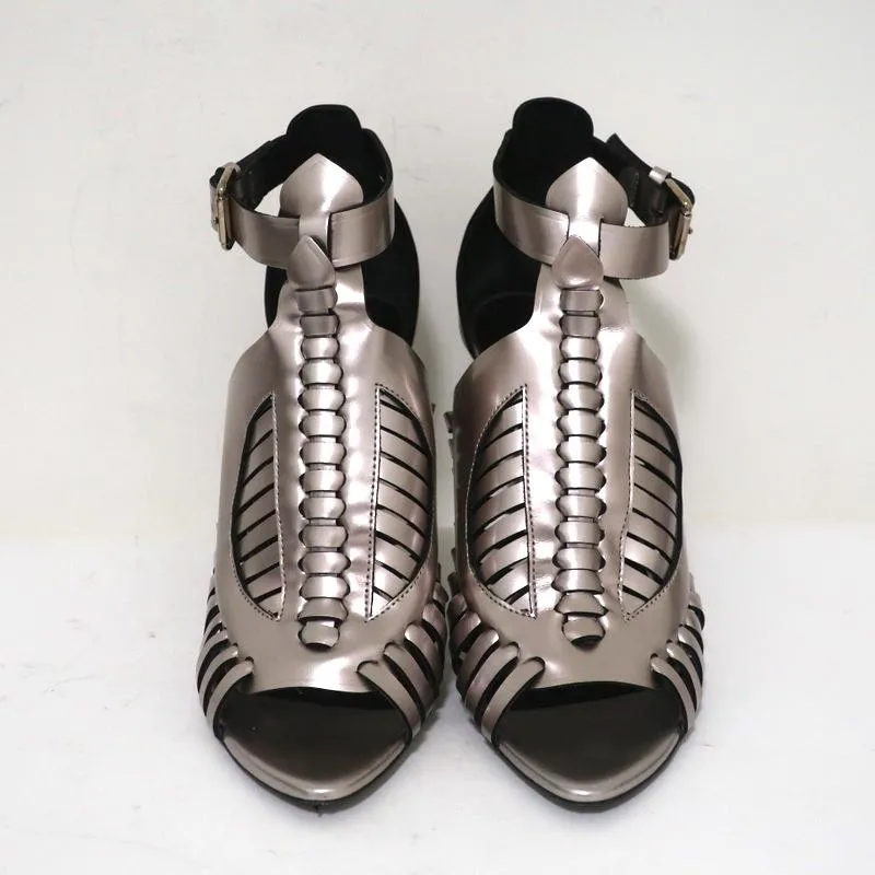 Proenza Schouler Sandals Silver Metallic Woven Leather Size 41 Open Toe Heels
