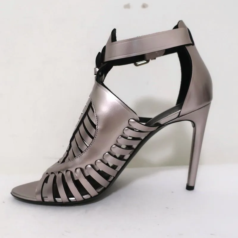Proenza Schouler Sandals Silver Metallic Woven Leather Size 41 Open Toe Heels