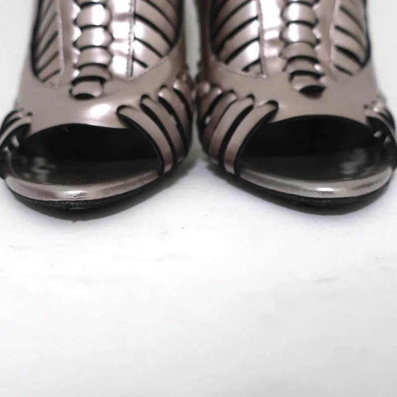 Proenza Schouler Sandals Silver Metallic Woven Leather Size 41 Open Toe Heels