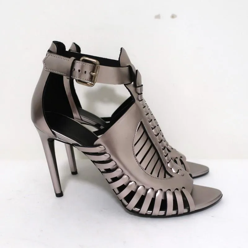 Proenza Schouler Sandals Silver Metallic Woven Leather Size 41 Open Toe Heels
