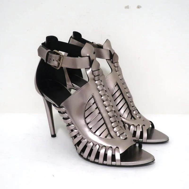 Proenza Schouler Sandals Silver Metallic Woven Leather Size 41 Open Toe Heels