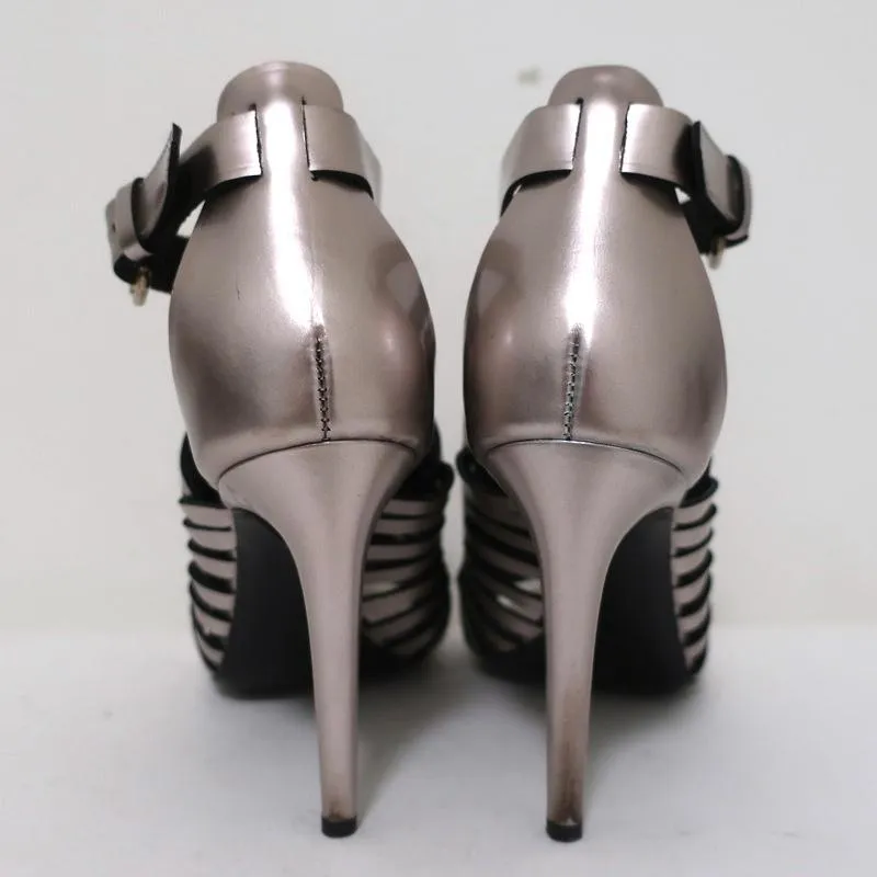 Proenza Schouler Sandals Silver Metallic Woven Leather Size 41 Open Toe Heels