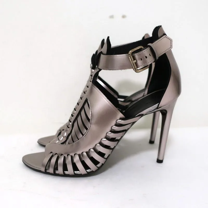 Proenza Schouler Sandals Silver Metallic Woven Leather Size 41 Open Toe Heels