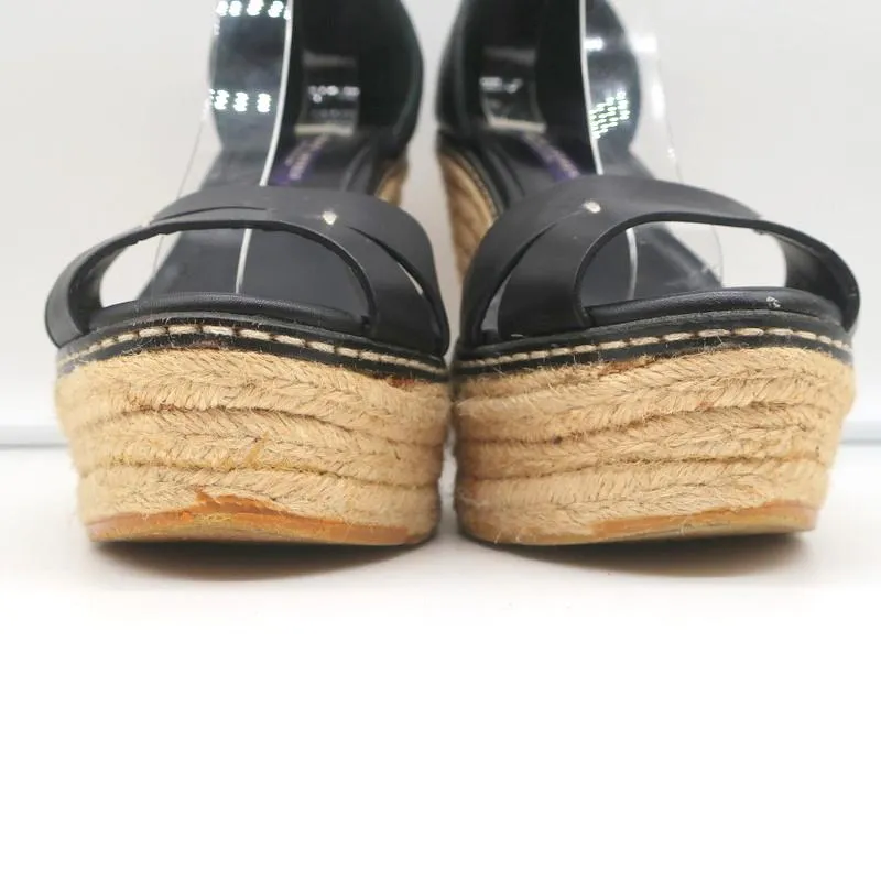 Ralph Lauren Collection Peep Toe Espadrille Wedge Sandals Black Leather Size 9.5