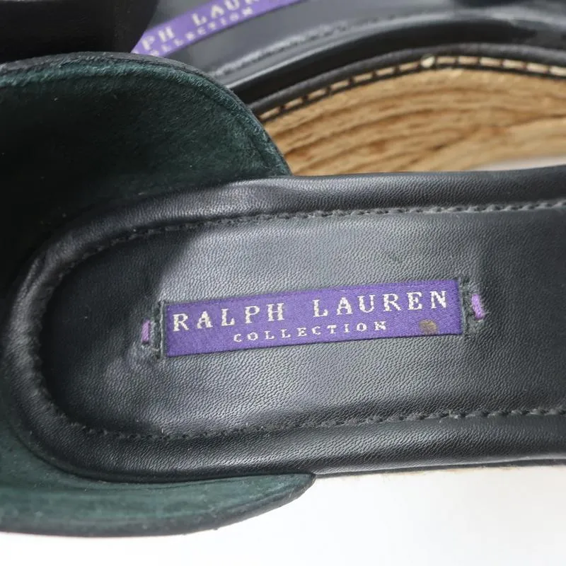 Ralph Lauren Collection Peep Toe Espadrille Wedge Sandals Black Leather Size 9.5