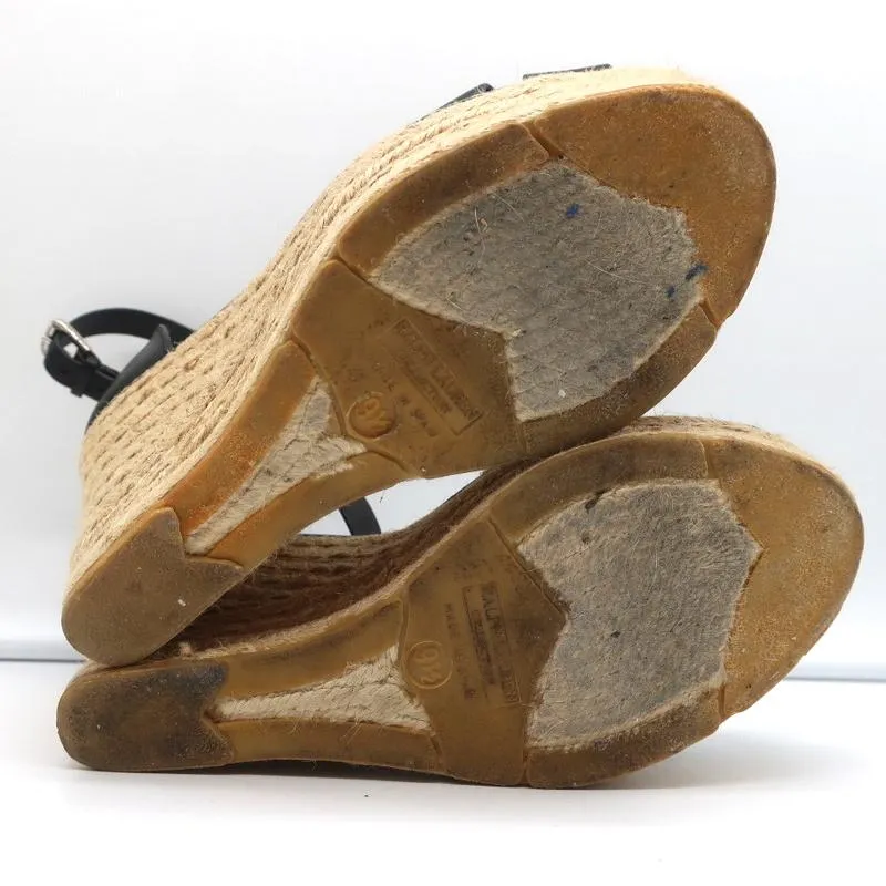 Ralph Lauren Collection Peep Toe Espadrille Wedge Sandals Black Leather Size 9.5