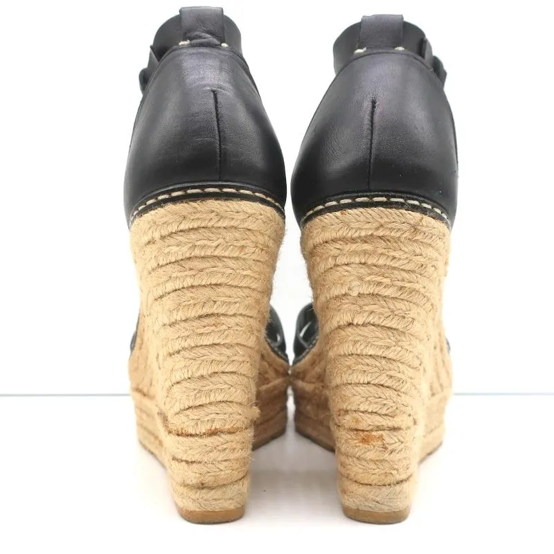 Ralph Lauren Collection Peep Toe Espadrille Wedge Sandals Black Leather Size 9.5