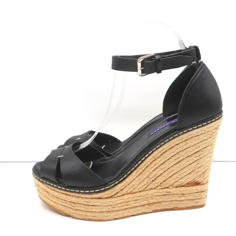 Ralph Lauren Collection Peep Toe Espadrille Wedge Sandals Black Leather Size 9.5
