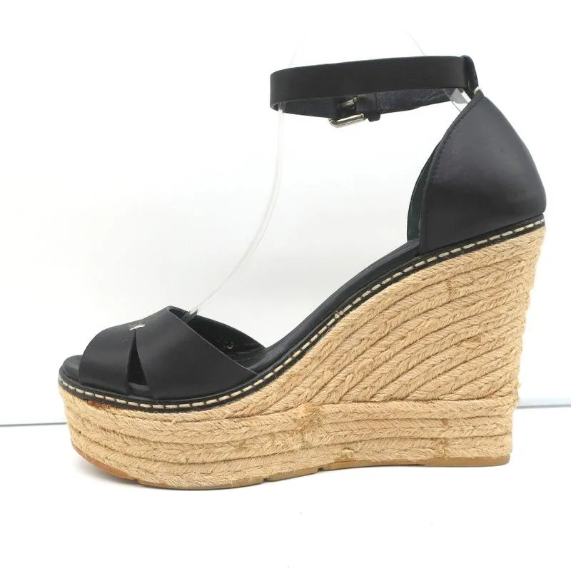 Ralph Lauren Collection Peep Toe Espadrille Wedge Sandals Black Leather Size 9.5