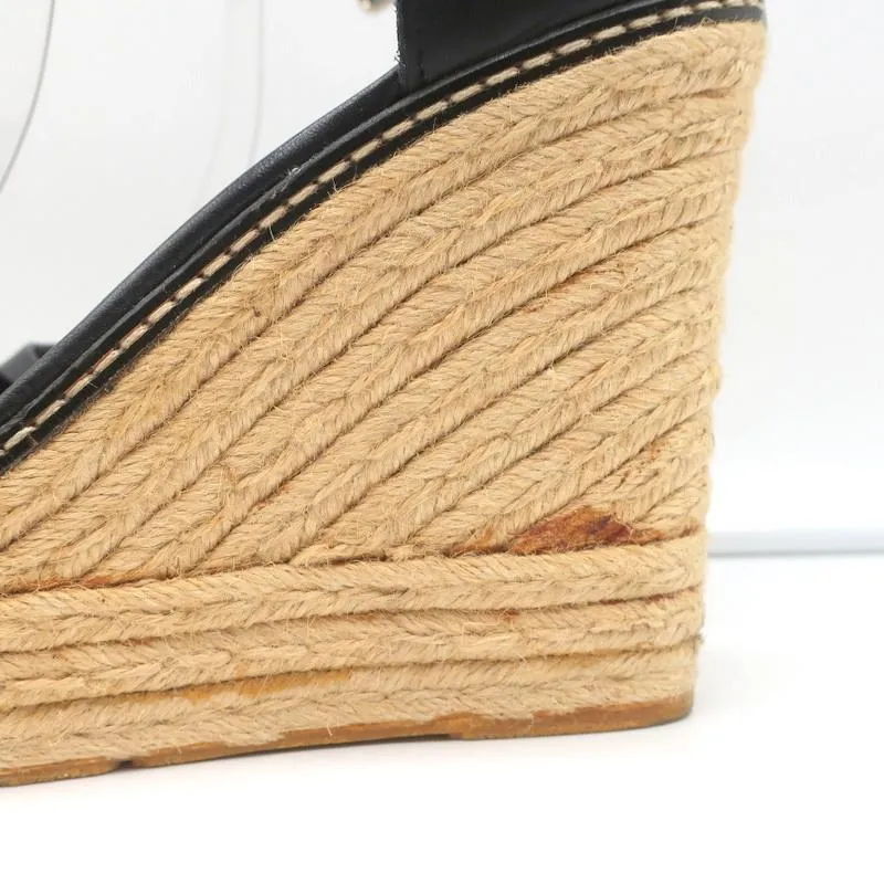 Ralph Lauren Collection Peep Toe Espadrille Wedge Sandals Black Leather Size 9.5