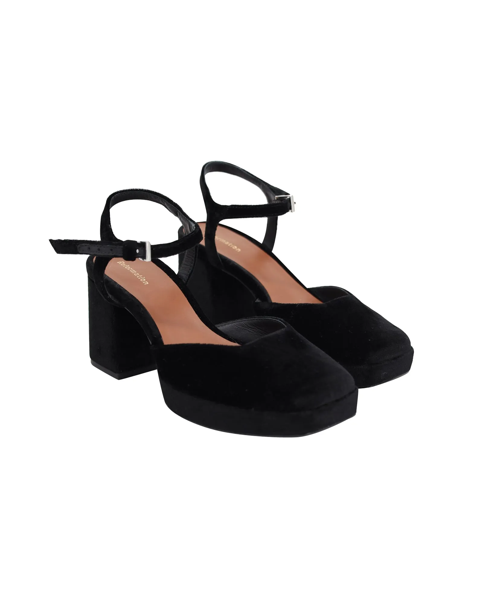 Reformation Marisol Platform Pumps in Black Velvet