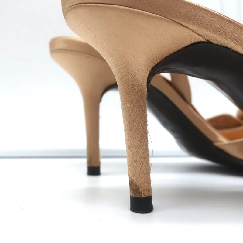 Richard Tyler Rosette Slingback Sandals Beige Satin Size 8 Open Toe Heels
