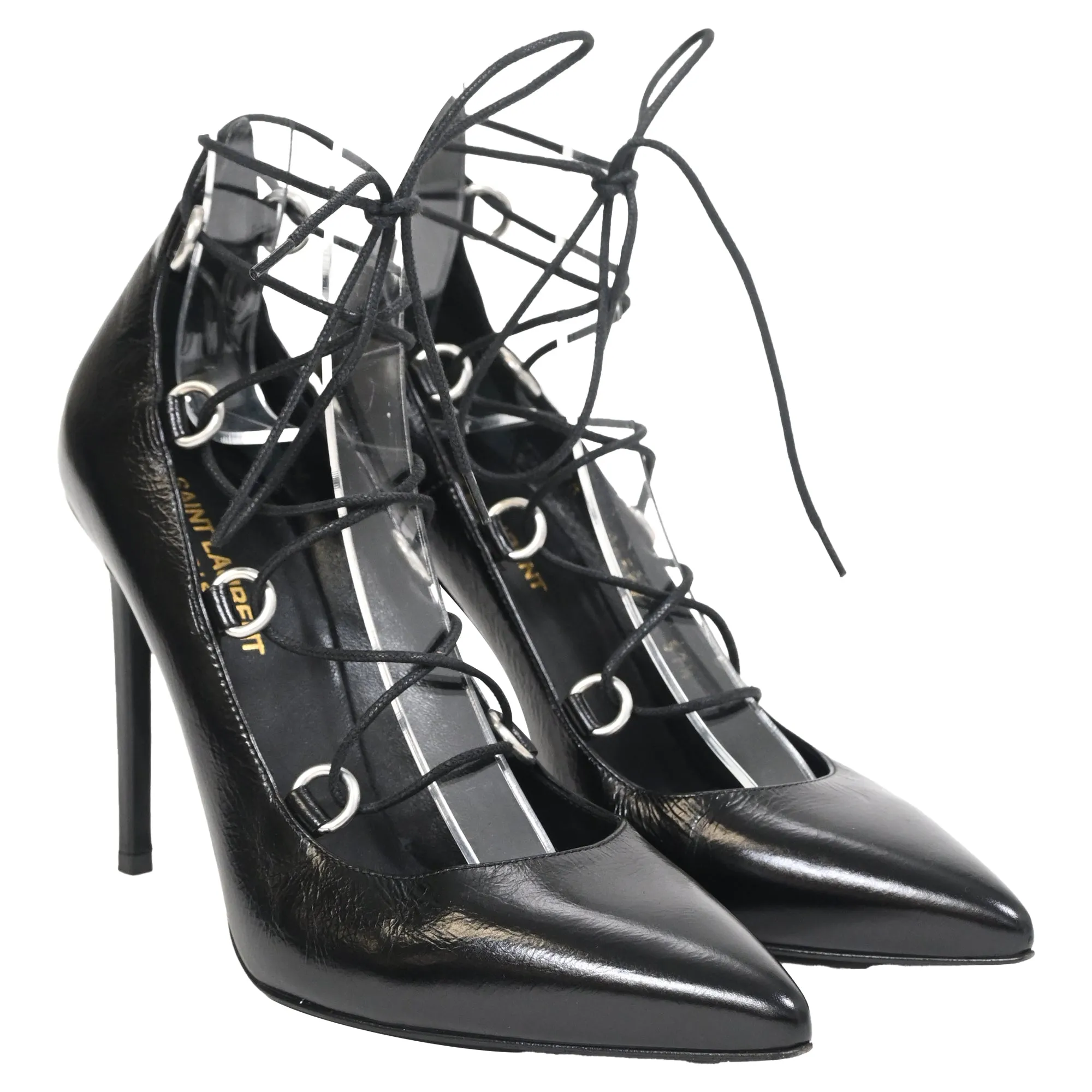 Saint Laurent Thorn Lace Up Pointed Toe Pumps in Black Leather