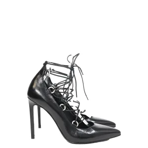 Saint Laurent Thorn Lace Up Pointed Toe Pumps in Black Leather