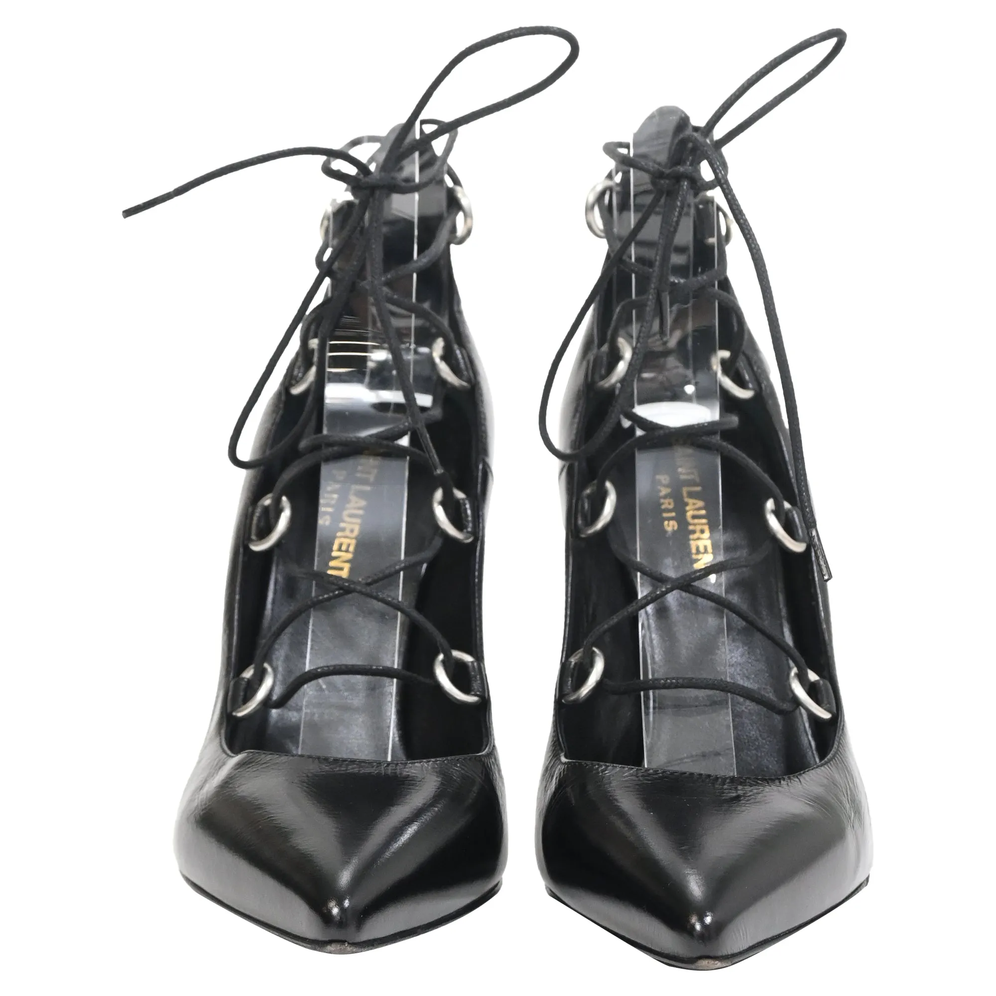 Saint Laurent Thorn Lace Up Pointed Toe Pumps in Black Leather