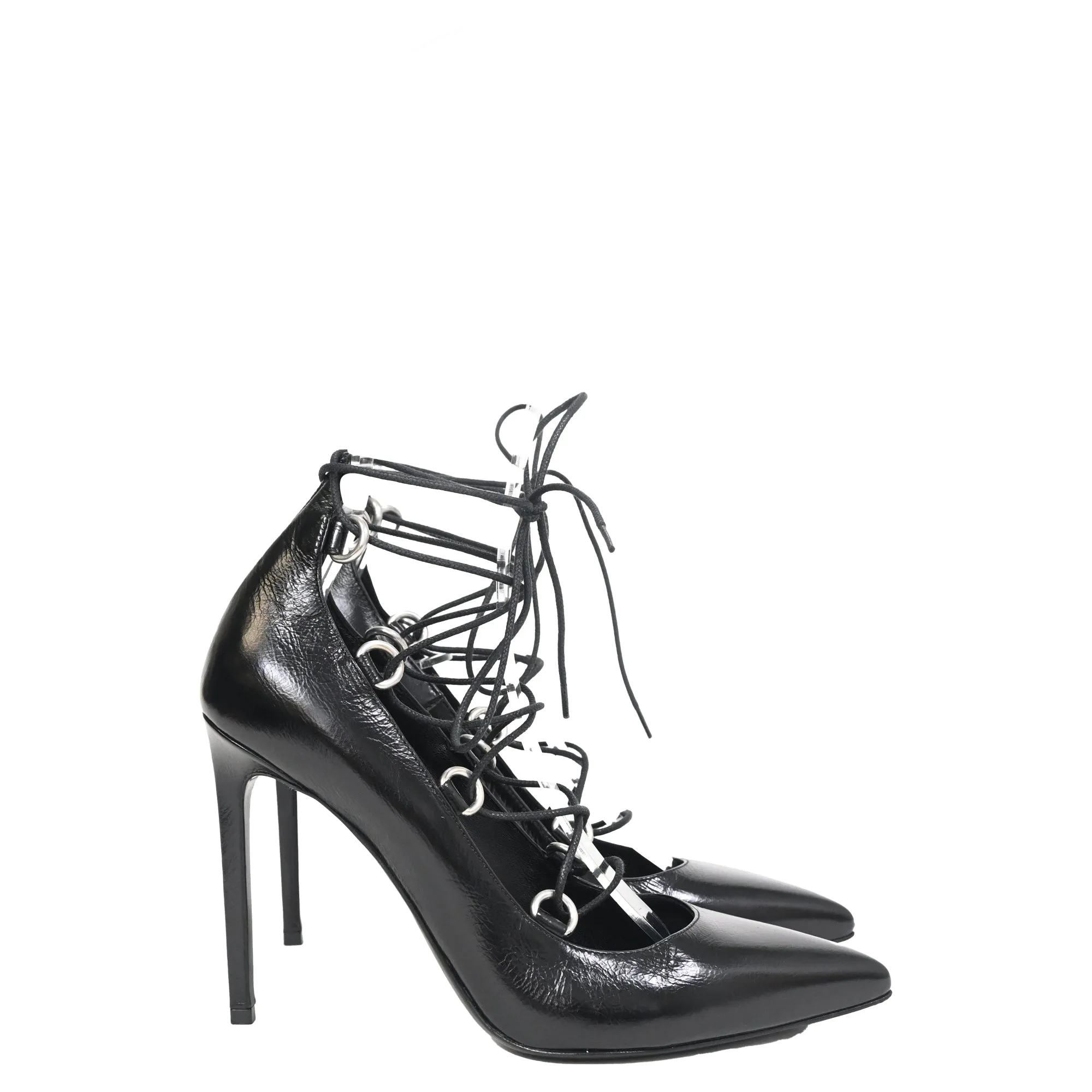 Saint Laurent Thorn Lace Up Pointed Toe Pumps in Black Leather