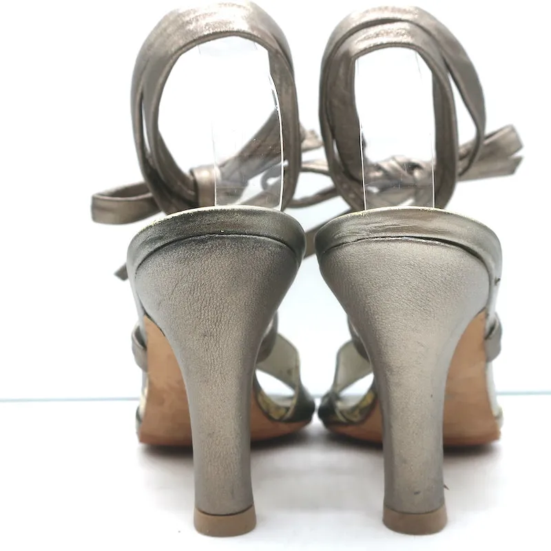Stuart Weitzman Ankle Wrap Sandals Pewter/Gold Metallic Leather Size 8.5