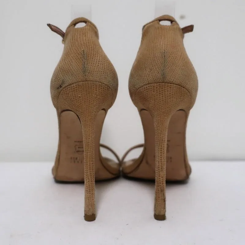 Stuart Weitzman Nudist Sandals Beige Textured Suede Size 8.5 Ankle Strap Heel