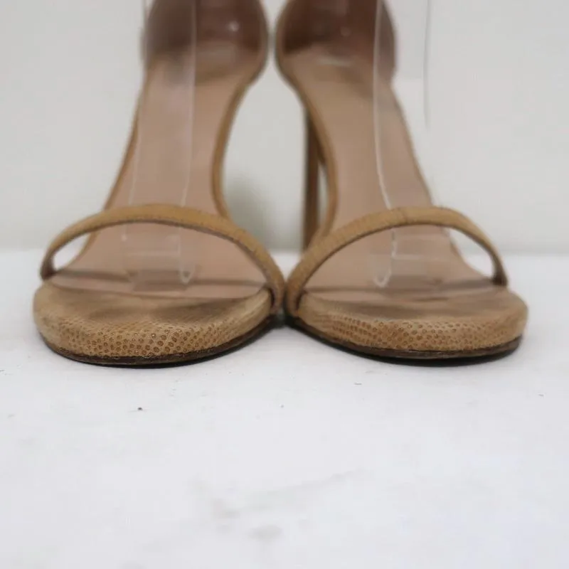 Stuart Weitzman Nudist Sandals Beige Textured Suede Size 8.5 Ankle Strap Heel