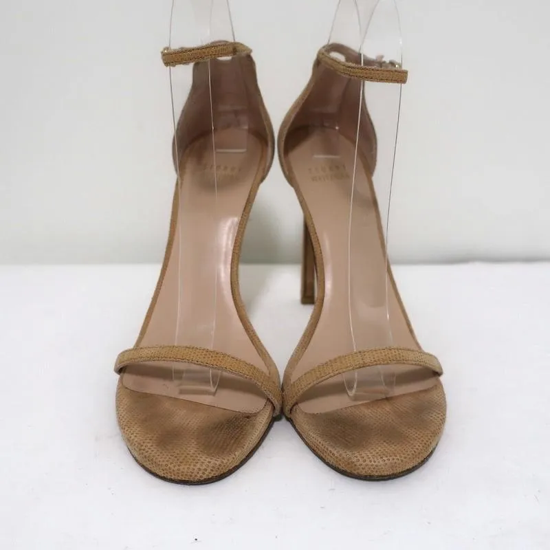 Stuart Weitzman Nudist Sandals Beige Textured Suede Size 8.5 Ankle Strap Heel