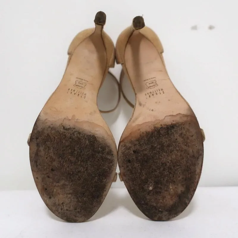 Stuart Weitzman Nudist Sandals Beige Textured Suede Size 8.5 Ankle Strap Heel