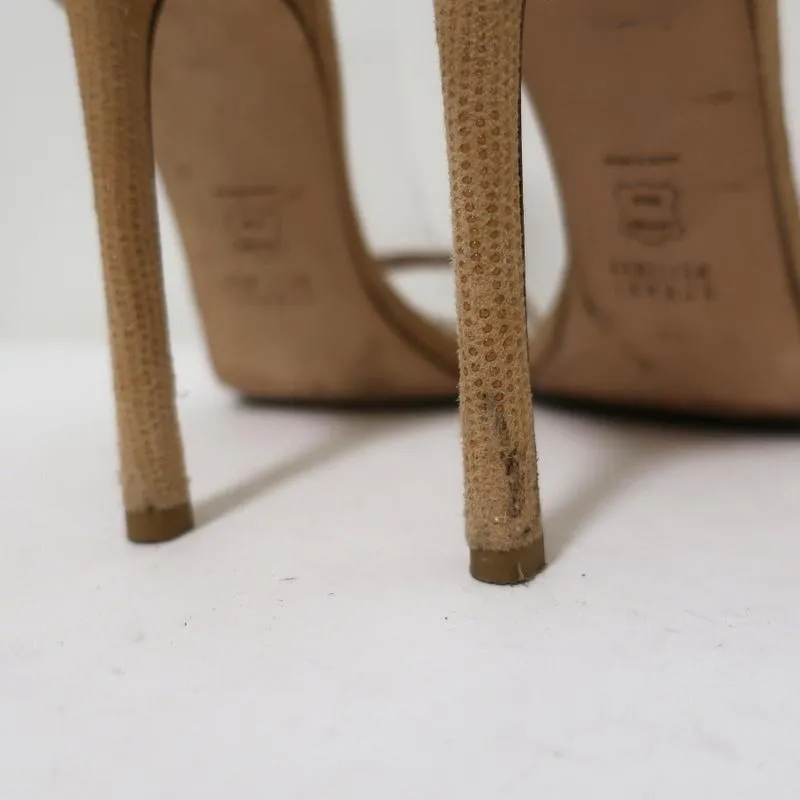 Stuart Weitzman Nudist Sandals Beige Textured Suede Size 8.5 Ankle Strap Heel