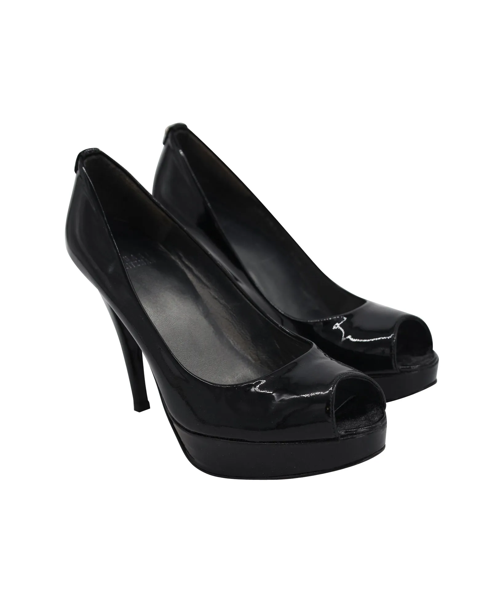Stuart Weitzman Peep-Toe Platform Pumps in Black Patent Leather