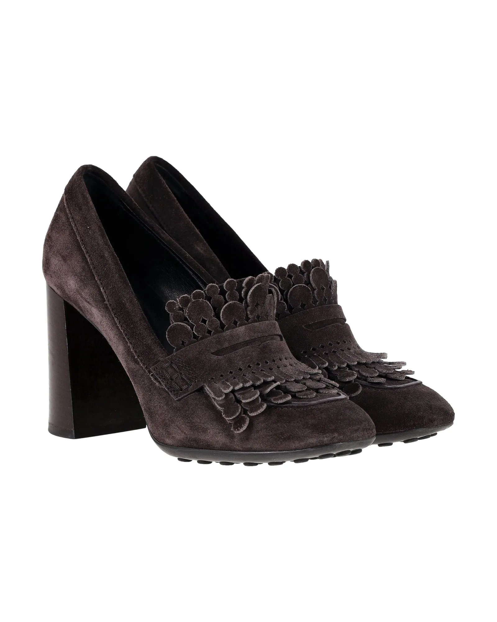 Tod's Fringe Block Heel Penny Loafer Pumps in Brown Suede