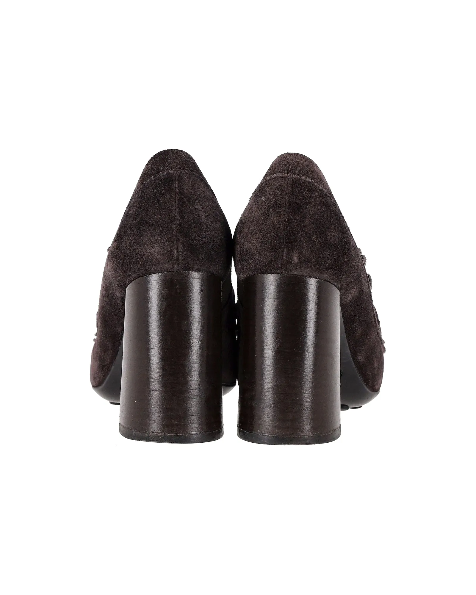 Tod's Fringe Block Heel Penny Loafer Pumps in Brown Suede