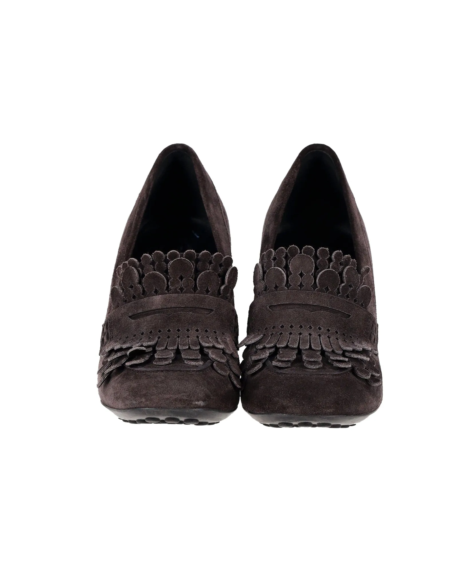 Tod's Fringe Block Heel Penny Loafer Pumps in Brown Suede