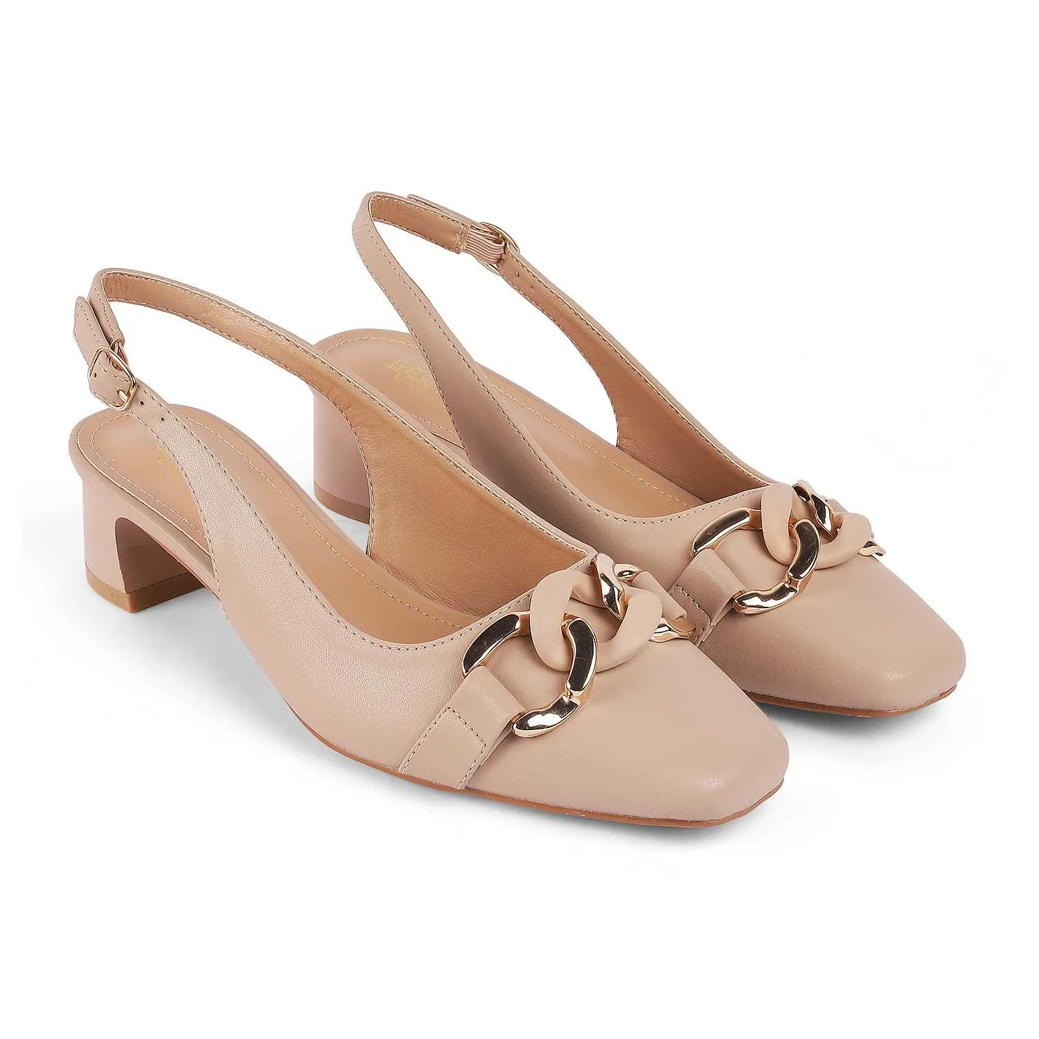 Tresmode Lovee Beige Women's Dress Block Heel Slingback Pumps