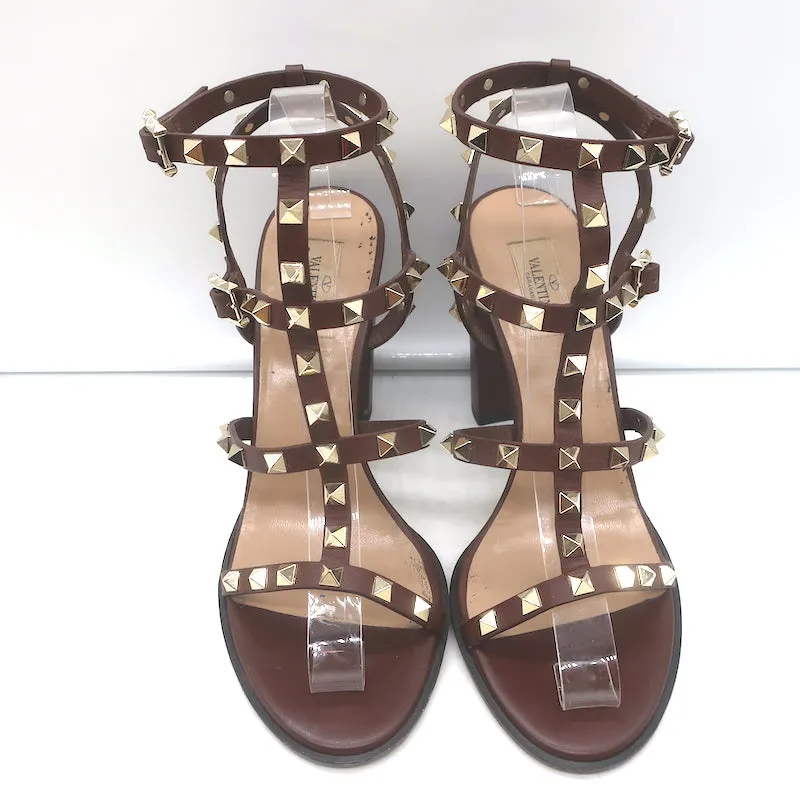 Valentino Rockstud Cage Sandals Dark Brown Leather Size 41 Ankle Strap Heels