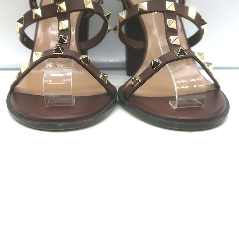 Valentino Rockstud Cage Sandals Dark Brown Leather Size 41 Ankle Strap Heels