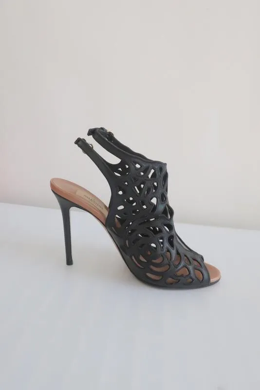 Valentino Rose Laser-Cut Slingback Booties Black Leather Size 39 Peep Toe Heel                       15 >