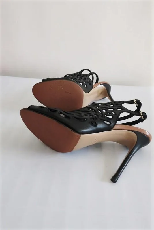 Valentino Rose Laser-Cut Slingback Booties Black Leather Size 39 Peep Toe Heel                       15 >