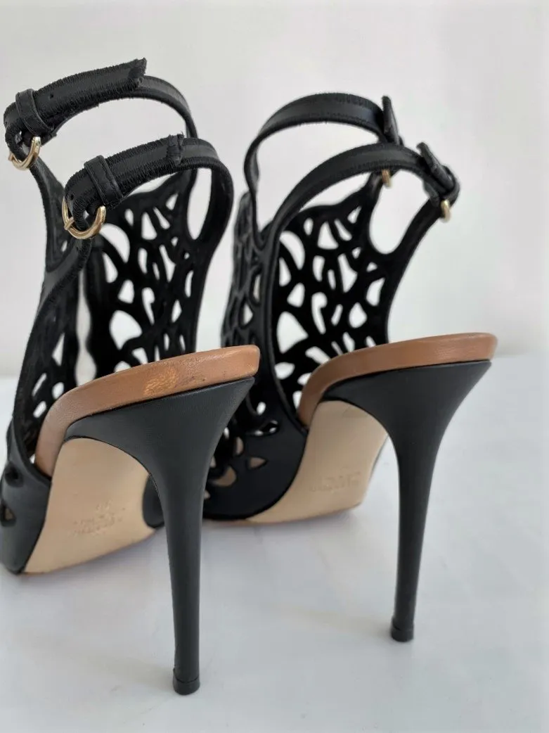 Valentino Rose Laser-Cut Slingback Booties Black Leather Size 39 Peep Toe Heel                       15 >