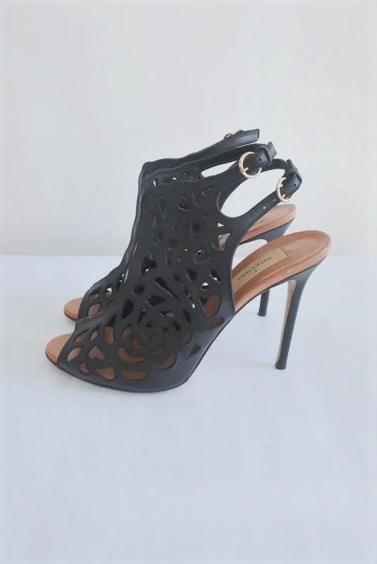 Valentino Rose Laser-Cut Slingback Booties Black Leather Size 39 Peep Toe Heel                       15 >