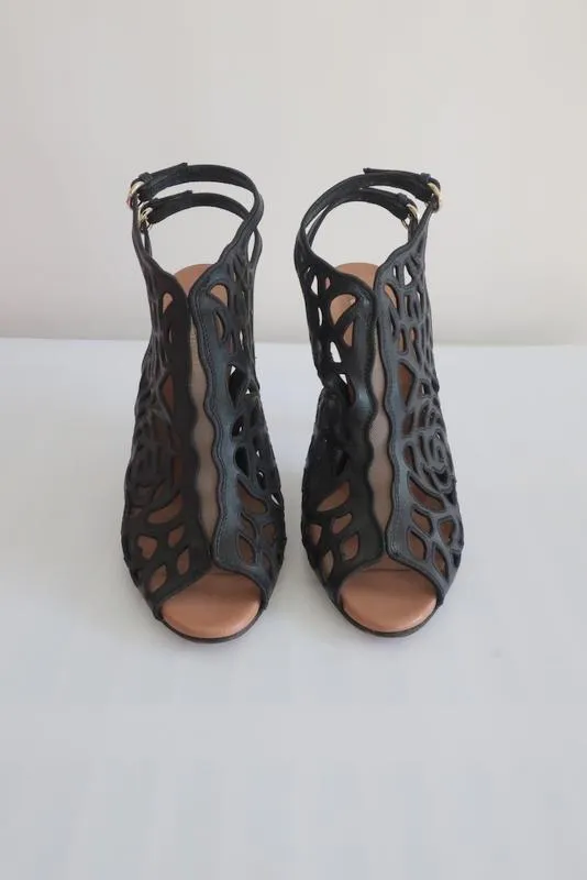 Valentino Rose Laser-Cut Slingback Booties Black Leather Size 39 Peep Toe Heel                       15 >